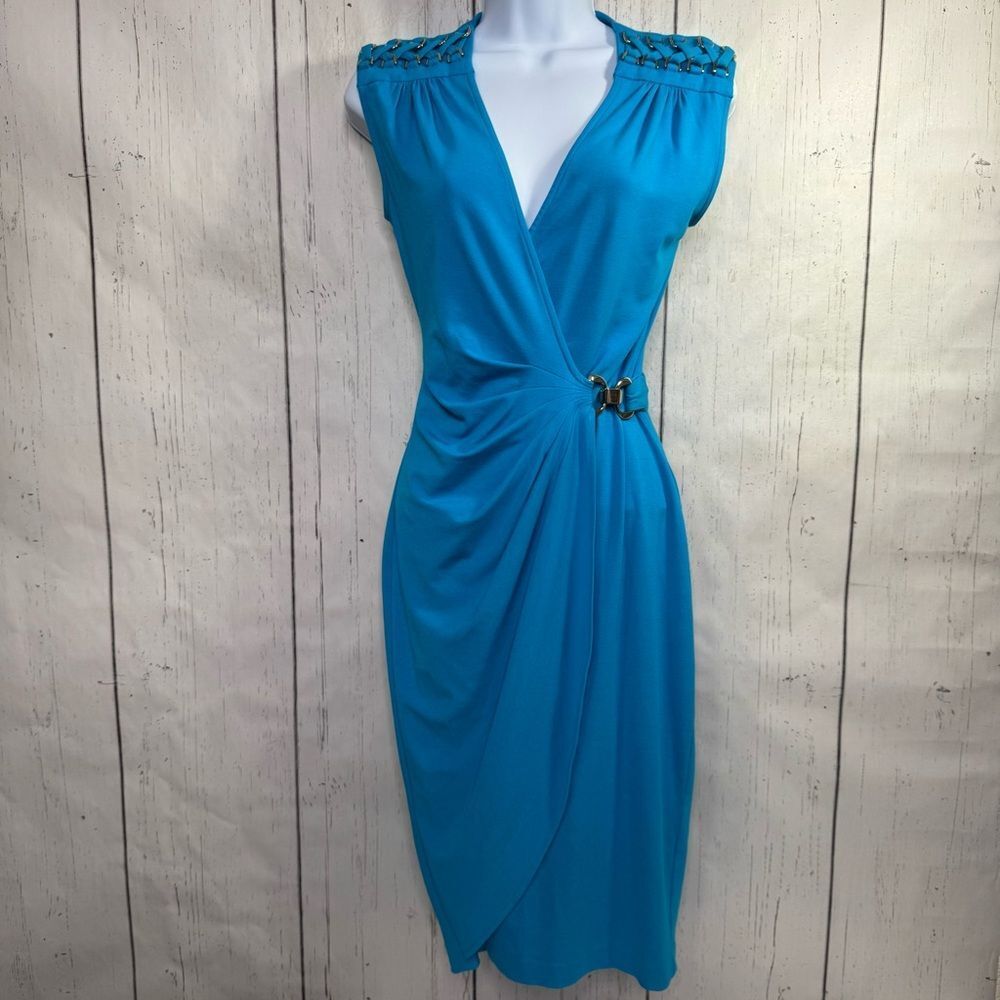 Cache Turquoise Draped Cocktail Dress Gold Hardware Detail XS Resort Y2K Glam